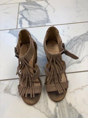 Sole Society Taupe Fringe Suede Block Heel Sandals